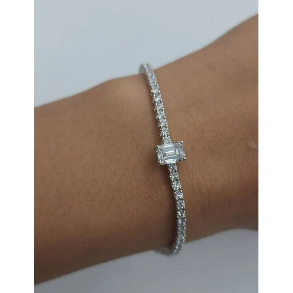 4Ct Emerald Cut Lab Created Diamond Women Promicess Tennis Bracelet 14K White Gold Plated 7.5'' 925 Sterling Silver
