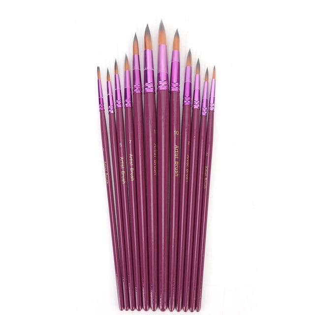 Pinceles profesionales de nailon con mango morado para pintar, juego de 12 piezas para acuarela y arte acrílico, punta redonda