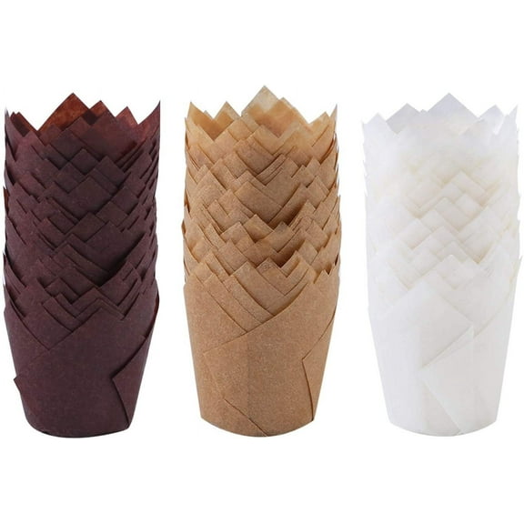 150 Pieces Mini Baking Cups Tulip Baking Cups Cupcake Liners Muffin Liners(Brown, Natural, White)