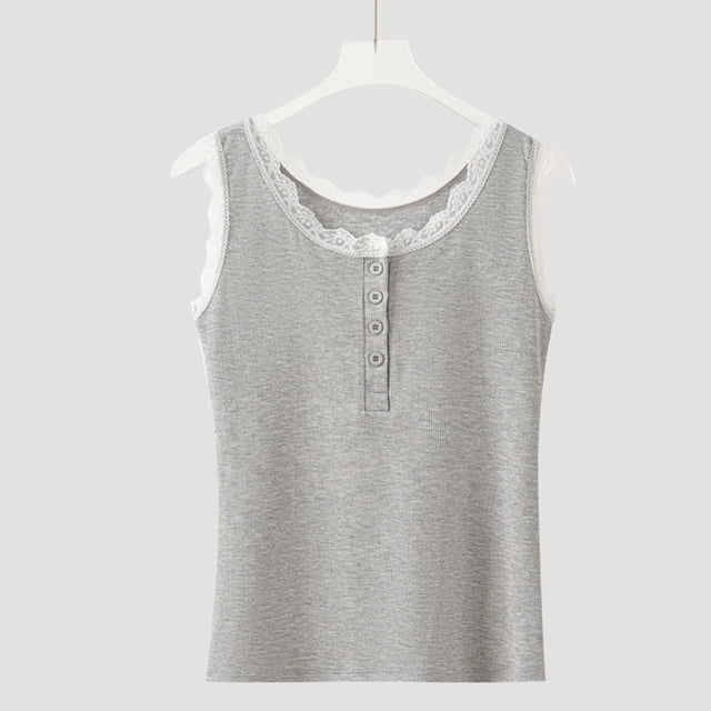 Uootdi Women's Ribbed Tanks Scoop Neck Sleeveless Lace Edge Button Closure Tops Cute Lightweight Fitted Tank Tops Gift