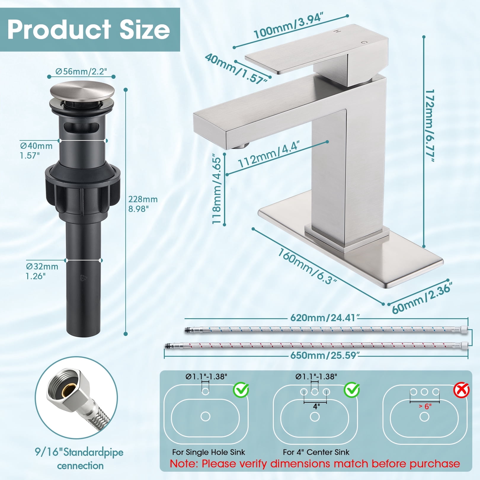 Wowkk Sanitary Ware Single Handle Bathroom Sink Faucet Modern SUS304 Stainless Steel Bathroom Faucet with Pop-up Drain and Water Supply Line, Faucets for Bathroom Vanity RV Sink, Brushed Nickel