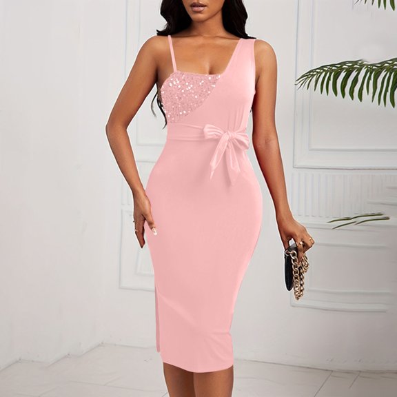LEKWK Cocktail Dresses for Women One Shoulder Sequin Dress with Belt Sleeveless Bodycon Fitted Midi Dress Party Prom Night Wear