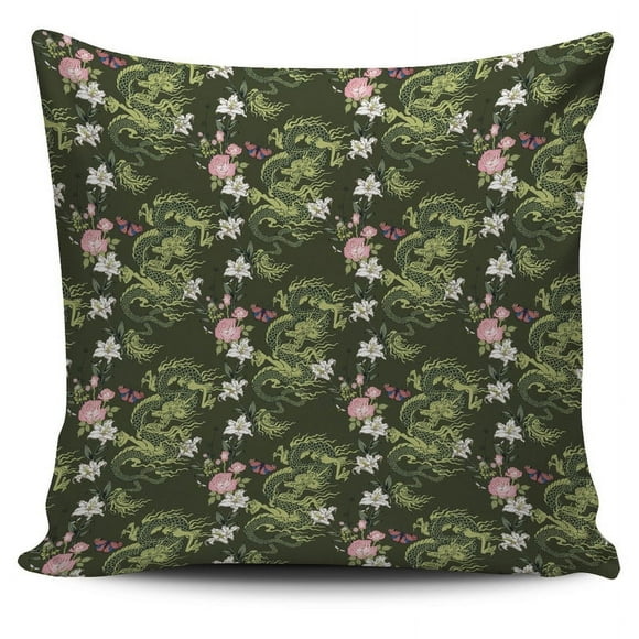 Funda de cojín con estampado de flores de rosa de dragón verde