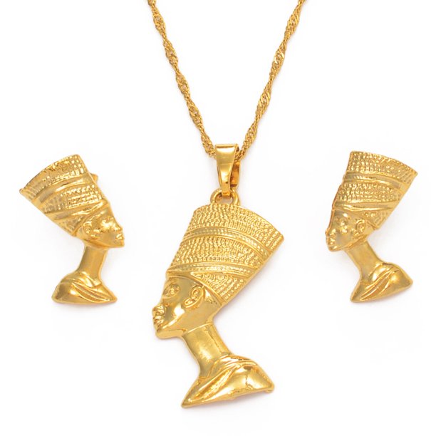 Anniyo Egyptian Queen Nefertiti Pendant Necklace Earrings Sets Jewelry Gold Plated Wholesale Jewellery #010006