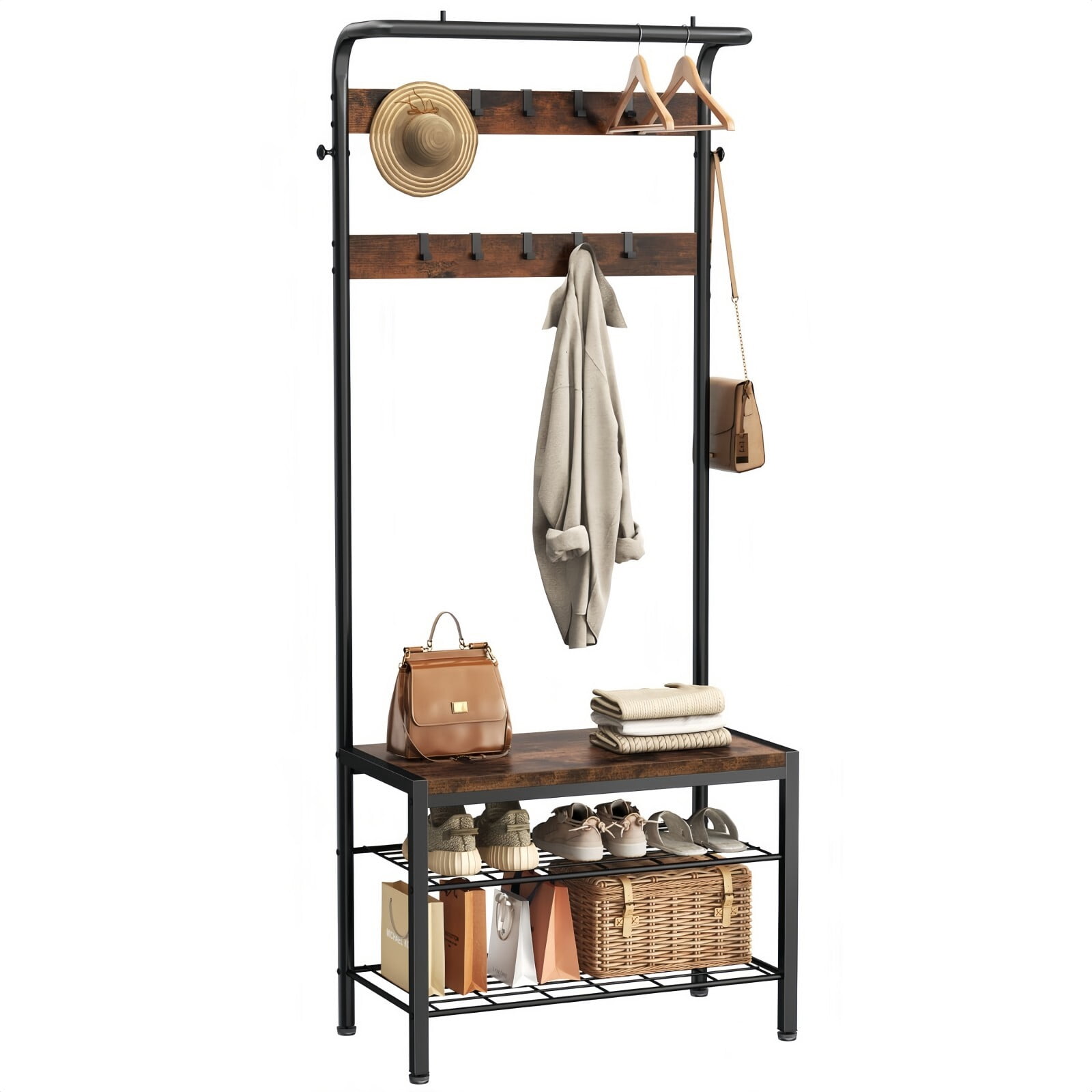 Kelno 72"x28" Hall Tree with Shoe Bench Industrial Entryway Coat Rack with Hanging Rod 10 Removable Hooks 2-Tier Shoe Storage, Drak Brown