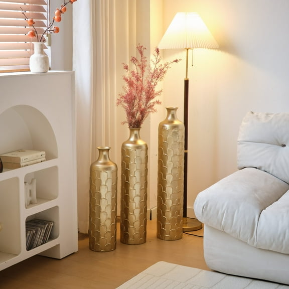 GAKMCIL Floor Metal Vases Decorated Gold Metal Vases (Set of 3) Gorgeous Home Decoration Large Glazed Metal Vases for Fake Flowers Center Vase (25.2in/29.33in/34.25in height) (Gold 3D Relief)