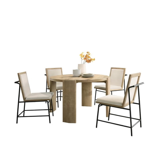 Bowen Wood Oak Finish 47" Round Dining Set with Cream Color Chairs