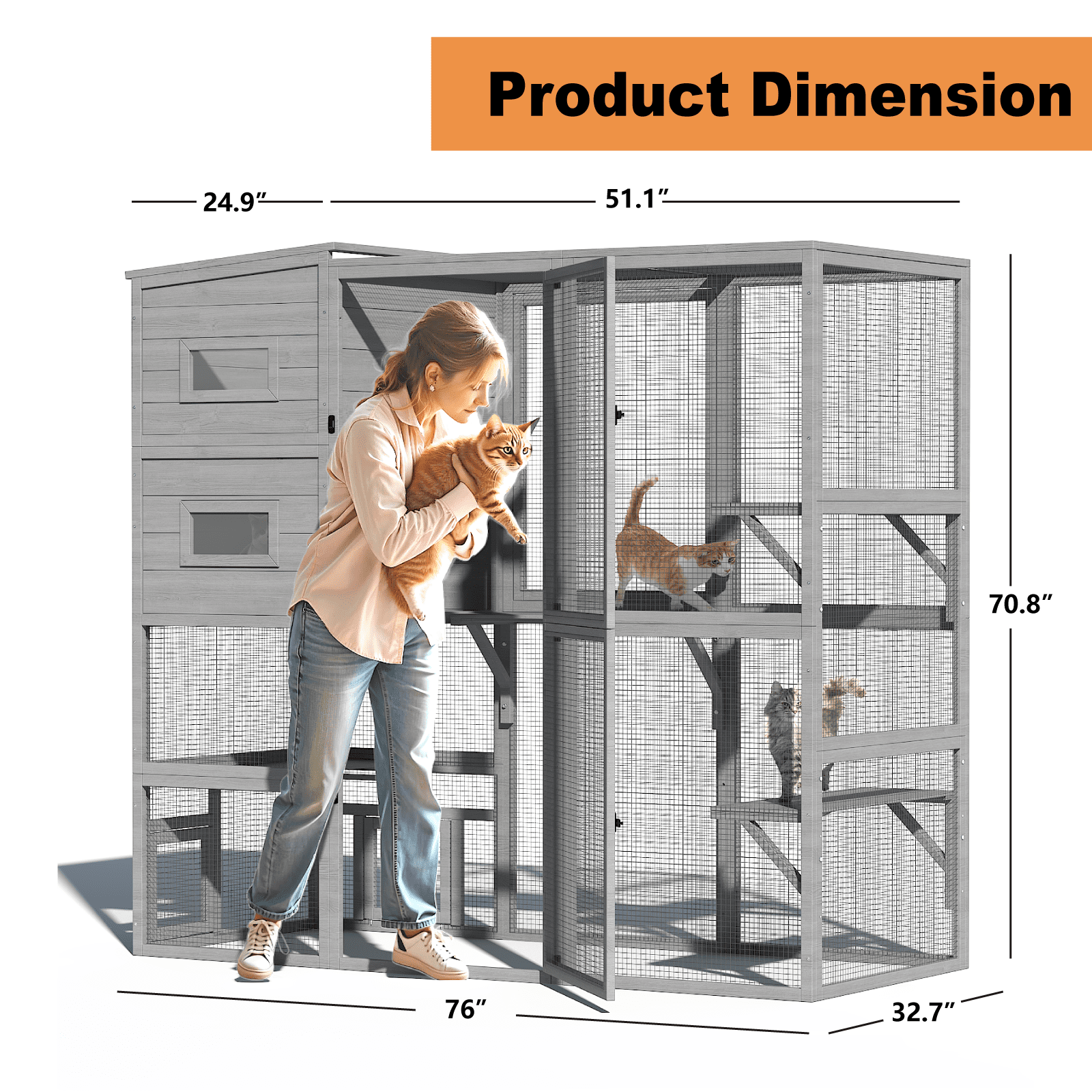 TIMHAKA Catio Outdoor Cat Enclosure Large Wooden Cat House for Mulitiple Cats w/ Resting Box, Platform, Waterproof Roof & Large Door, Gray