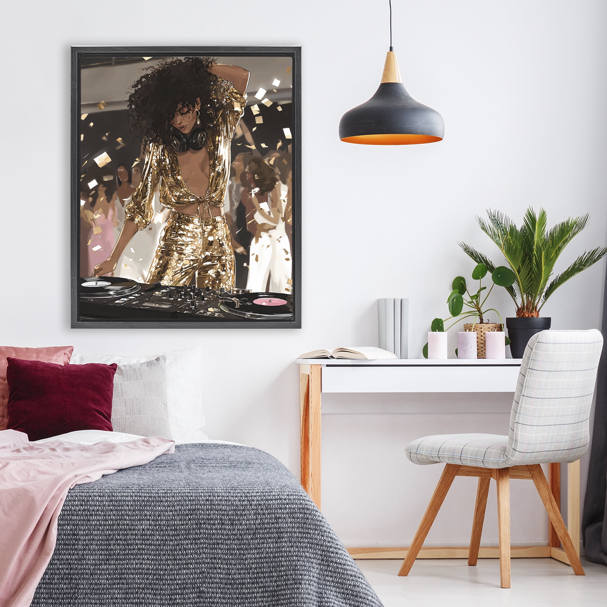 Stupell Industries Shimmering DJ in Sequins Black Framed Floater Canvas Wall Art, design by Franklyn Gregory
