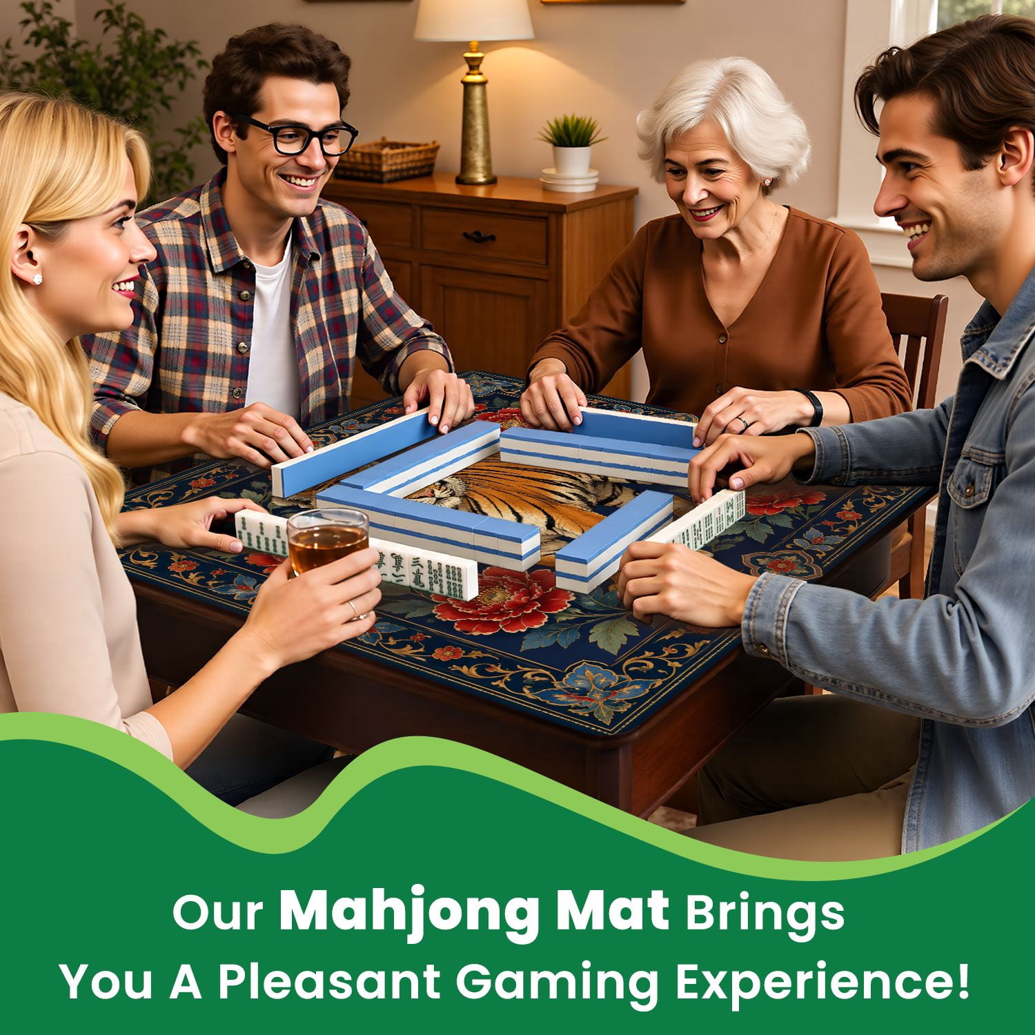 Mahjong Mat 31.5" x 31.5" Majestic Tiger Red Flowers Ornate Border Deep Blue Non-Slip Noise Reduction Mahjong Tiles Table Cover for Dominoes Poker Card Board and Tile Games