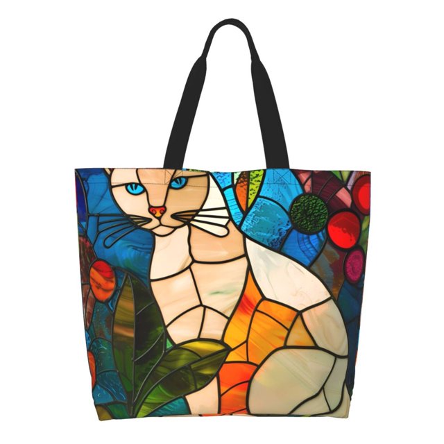 Easygdp Stained Glass Cat Art Bolsas Tote para Mujer, Bolsos de Hombro para Viaje, Bolsos de Mano de Gran Capacidad para Compras y Trabajo