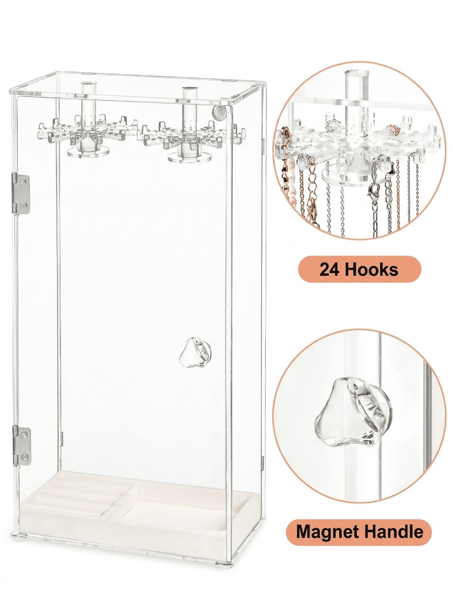 Cirhy Square Necklace Holder with Velvet Tray, Clear Acrylic Rotating Jewelry Organizer Box, Dustproof Necklace Display Case with 24 Hooks for Necklaces, Rings, Earrings, Bracelets