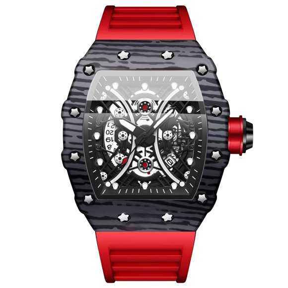 Reloj de Cuarzo Esqueleto Tonneau para Hombre, Correa de Silicona Impermeable Luminosa Estilo de Carreras