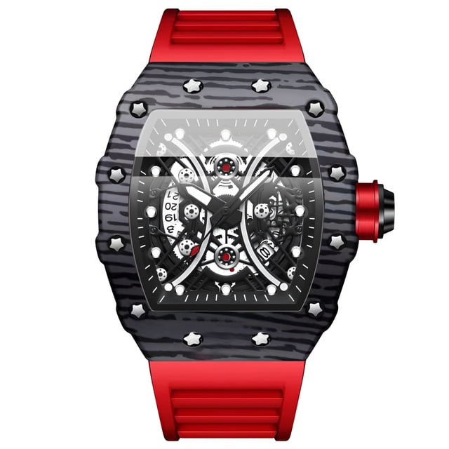 Reloj de Cuarzo Esqueleto Tonneau para Hombre, Correa de Silicona Impermeable Luminosa Estilo de Carreras