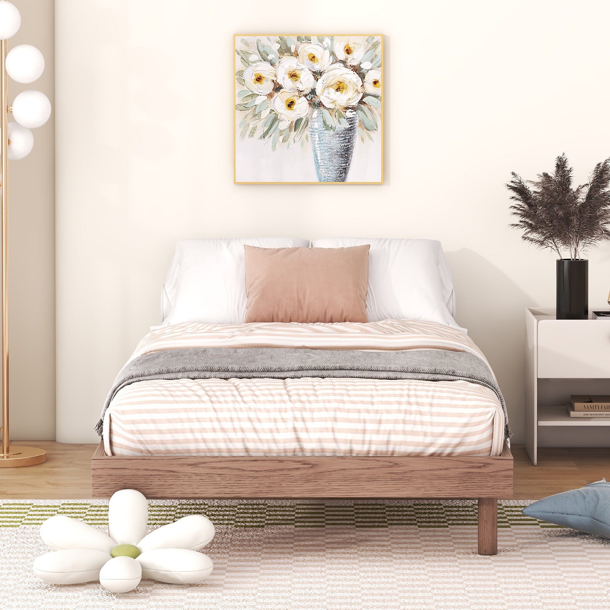 Miniyam Wood Twin Size Floating Bed for Kids and Teens, Walnut