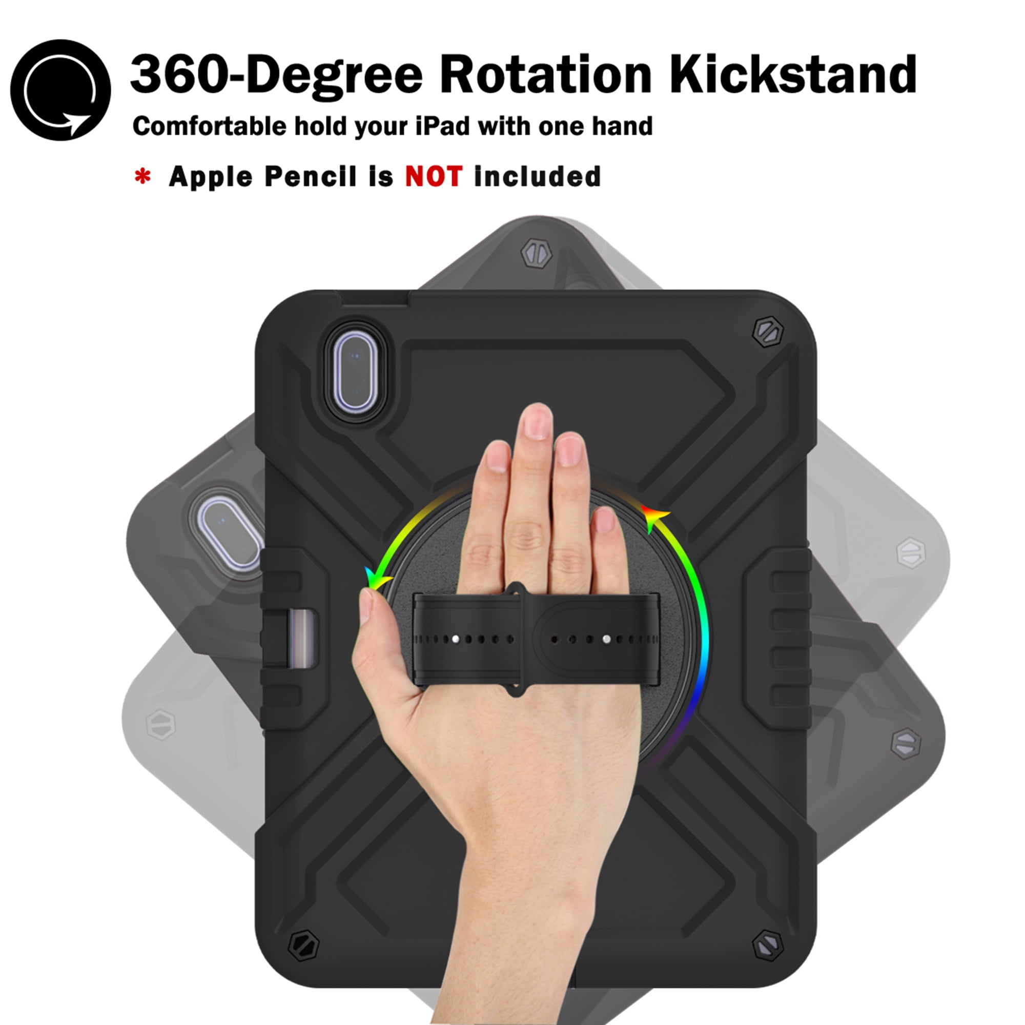 Dteck Kids Case for iPad 10th Generation Case 2022, Military Grade Shockproof Rugged Cover for iPad 10th Gen 10.9 Inch with 360° Swivel Stand - Handle - Shoulder Strap - Pencil Holder,Black