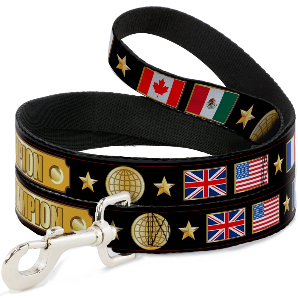 Buckle-Down Pet Leash, Dog Leash, Champion Belt Flags Stars Black Golds, 4 Feet Long 1.0 Inch Wide