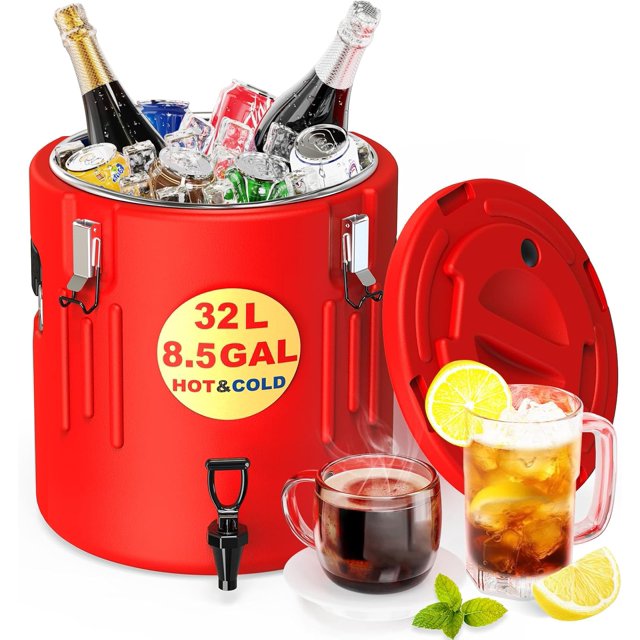 Insulated Beverage Dispenser 32 L - Ice and Hot Drink Dispenser with 304 Stainless Steel Interior and Spout, Portable Hot Water Dispenser, Outdoors Cooler Jug for Camping Party Sports
