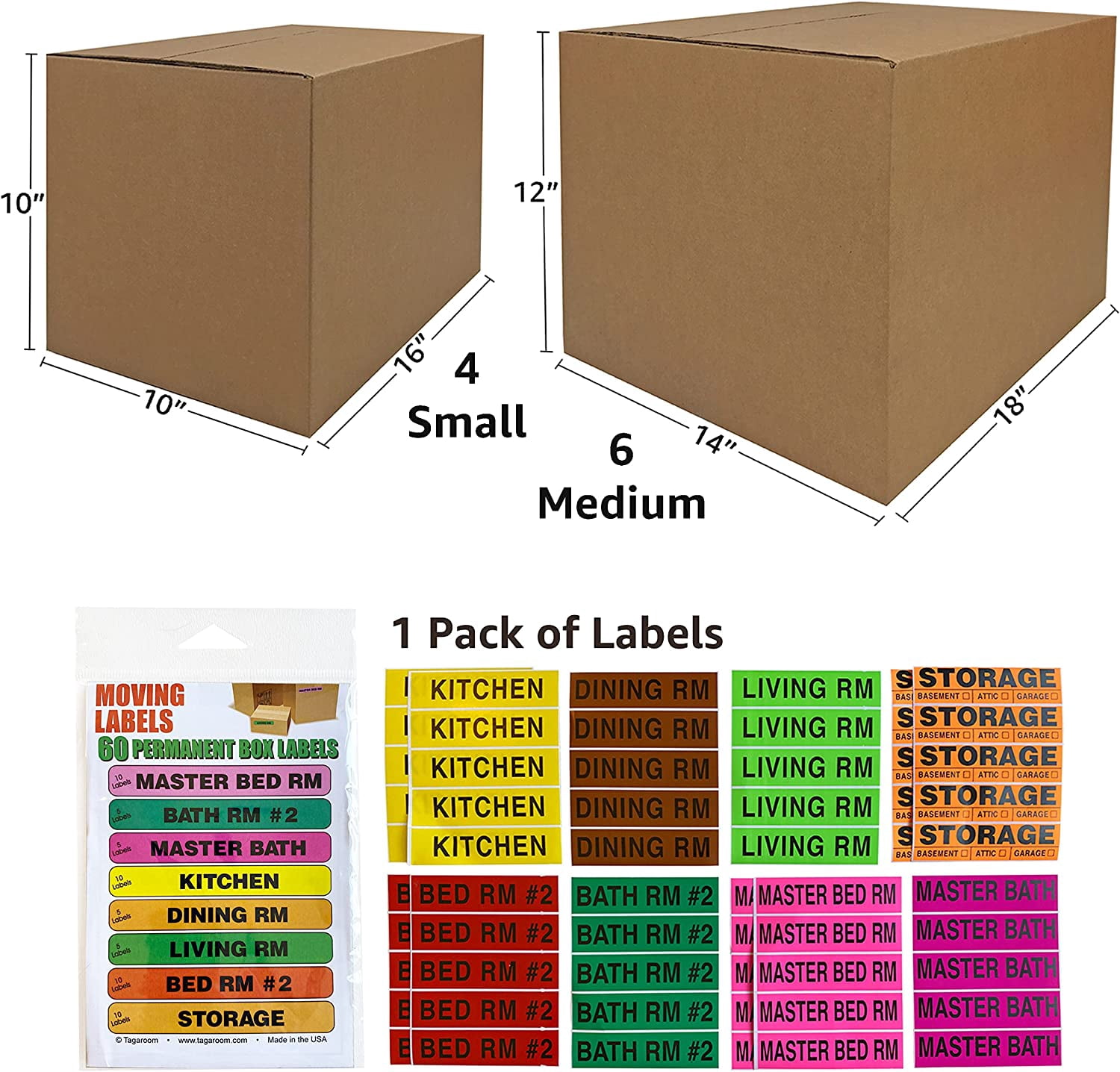 Uboxes Moving Box Combo Pack - 4 Smalls, 6 Mediums, & Moving Labels