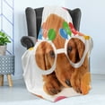 thumbnail image 4 of Birthday Party Soft Flannel Fleece Throw Blanket, Celebration Puppy Dog Golden Glasses Balloons Present Themed Artwork, Cozy Plush for Indoor and Outdoor Use, 70" x 90", Multicolor, by Ambesonne, 4 of 5