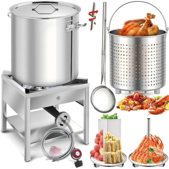 64QT Stainless Steel Seafood Boiling Kit, 200,000BTU Propane Burner and 36" Large Spoon, Crawfish Boil Pot for Outdoors Cooking and Steaming, Large Turkey Fryer Pot, Lobster Shrimp Pot