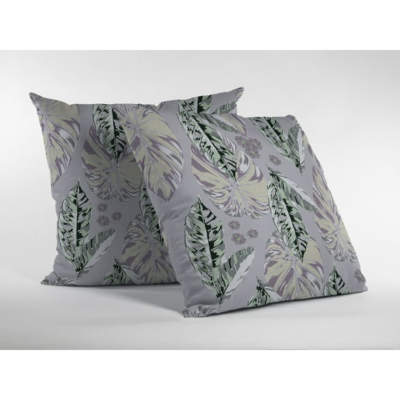 16â€ Gray Purple Tropical Leaf Indoor Outdoor Throw Pillow