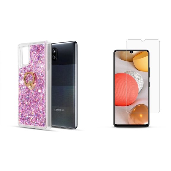 Bemz Waterfall Case for Samsung Galaxy A42 5G (Flowing Liquid Glitter Ring Kickstand Holder Protection Cover) with (2-Pack) of Glass Screen Protectors and Touch Tool - Pink & Purple