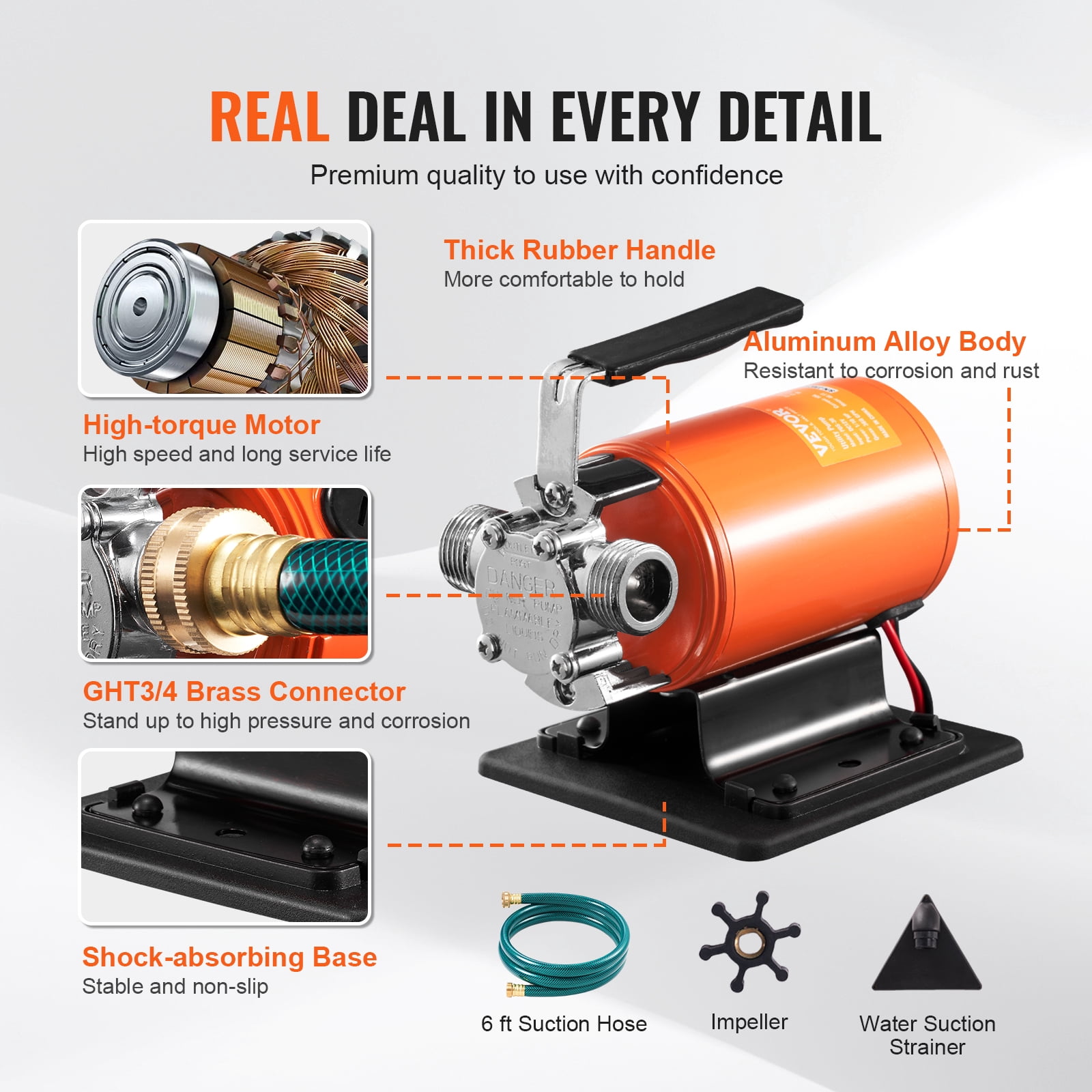 VEVOR Water Transfer Pump, 12V DC 360 GPH 1/10HP, Portable Electric Utility Pump with 6 ft Suction Hose Kit, Impeller, Suction Strainer, for Garden, Rain Barrel, Pool, Hot Tub, Aquarium Draining