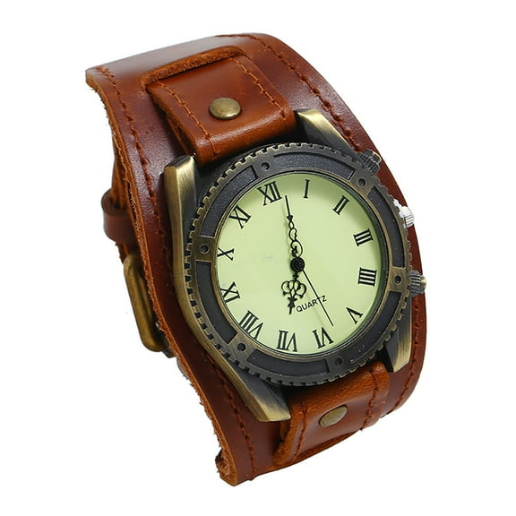 Guodhu Vintage Retro Hip-hop Gothic Punk Style Mens Wrist Watches Bronze Dial Wide Leather Band Cuff Quartz Watches for Men