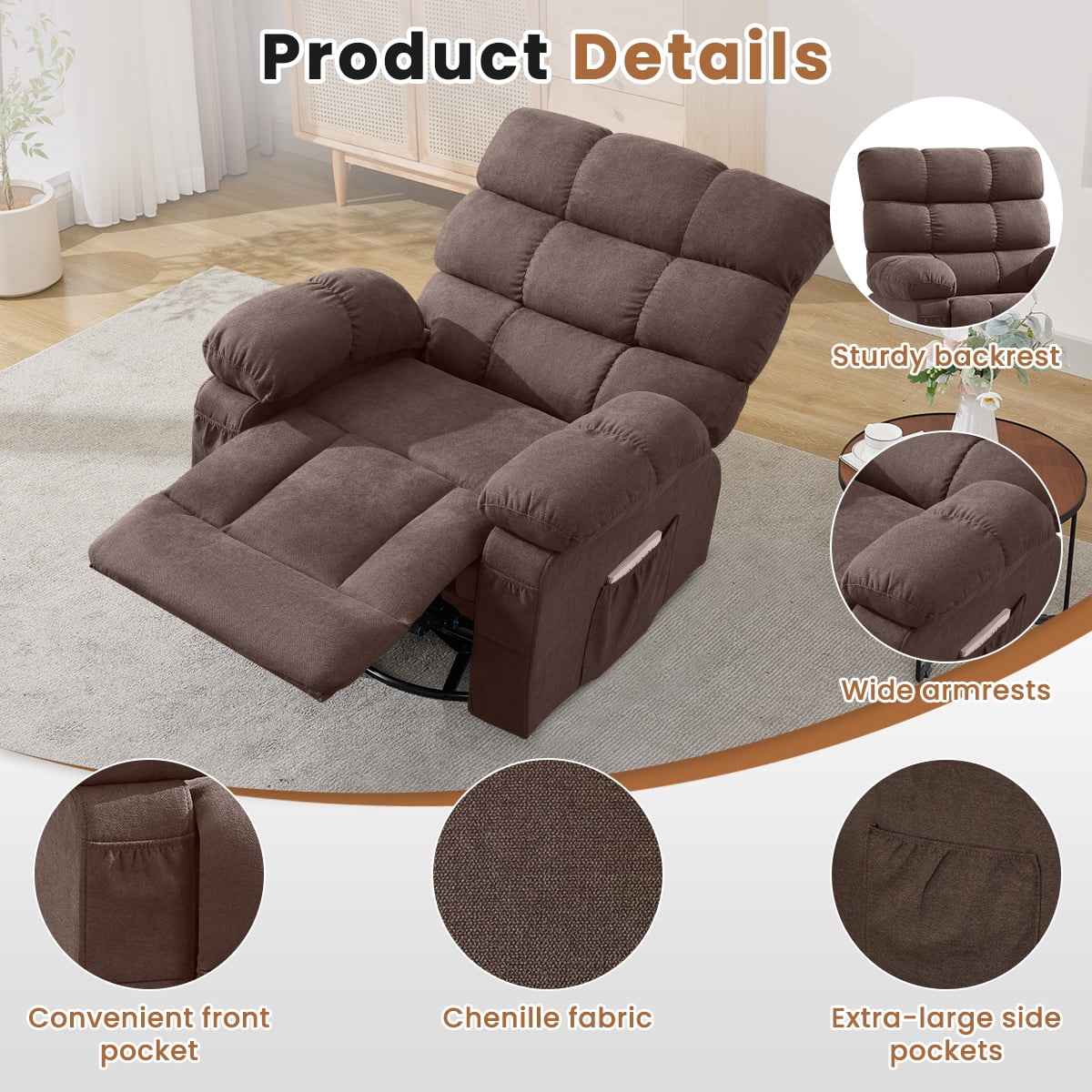 360° Swivel Manual Rocker Recliner Chair with Side and Front Pockets