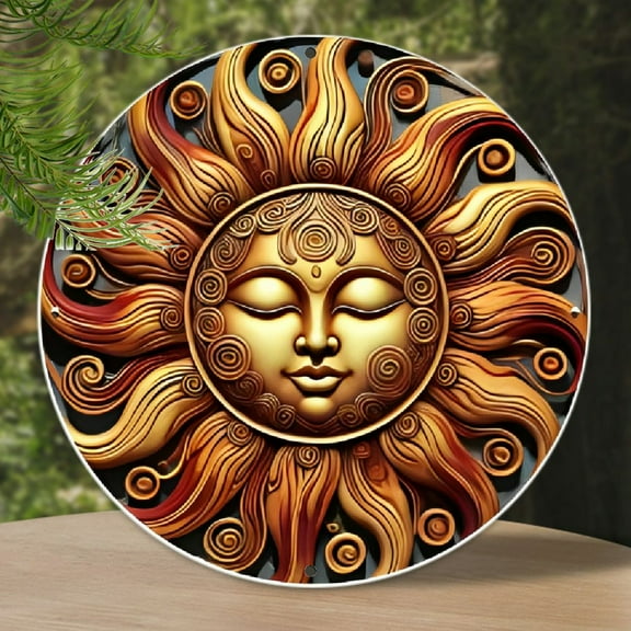 7.8x7.8" Durable Tribal Sun Totem Round Metal Sign - Easy-Hang Garland Design Indoor/Outdoor Decorative Plaque for Room Decor