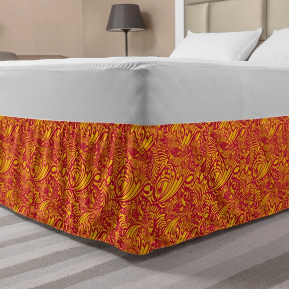 Oriental Bed Skirt, Swirly Paisley Leaves Flower Curly Branches Bohemian Arabesque Blooms Motif, Elastic Bedskirt Dust Ruffle Wrap Around for Bedding Decor, 4 Sizes, Magenta Orange, by Ambesonne