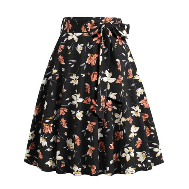 Aayomet Jupe Femme Rétro Décontractée Mode Imprimé Floral Ceinture Bretelles Jupe (Noir, TTG)