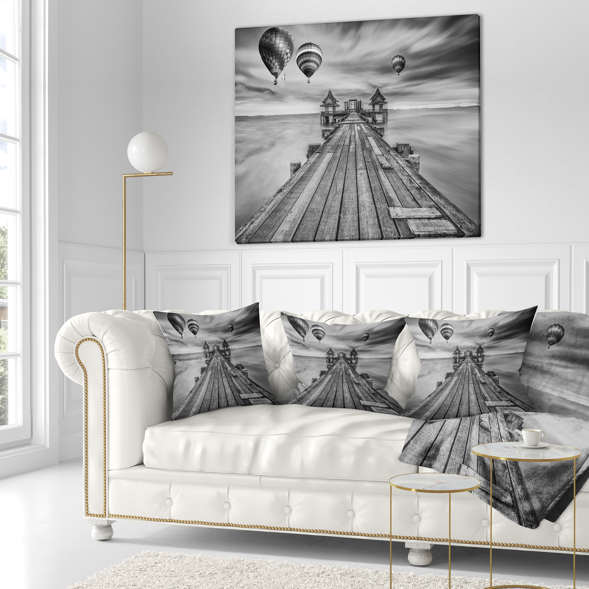 Designart Wood Bridge in Port between Sunrise - Sea Bridge Throw Pillow - 18x18