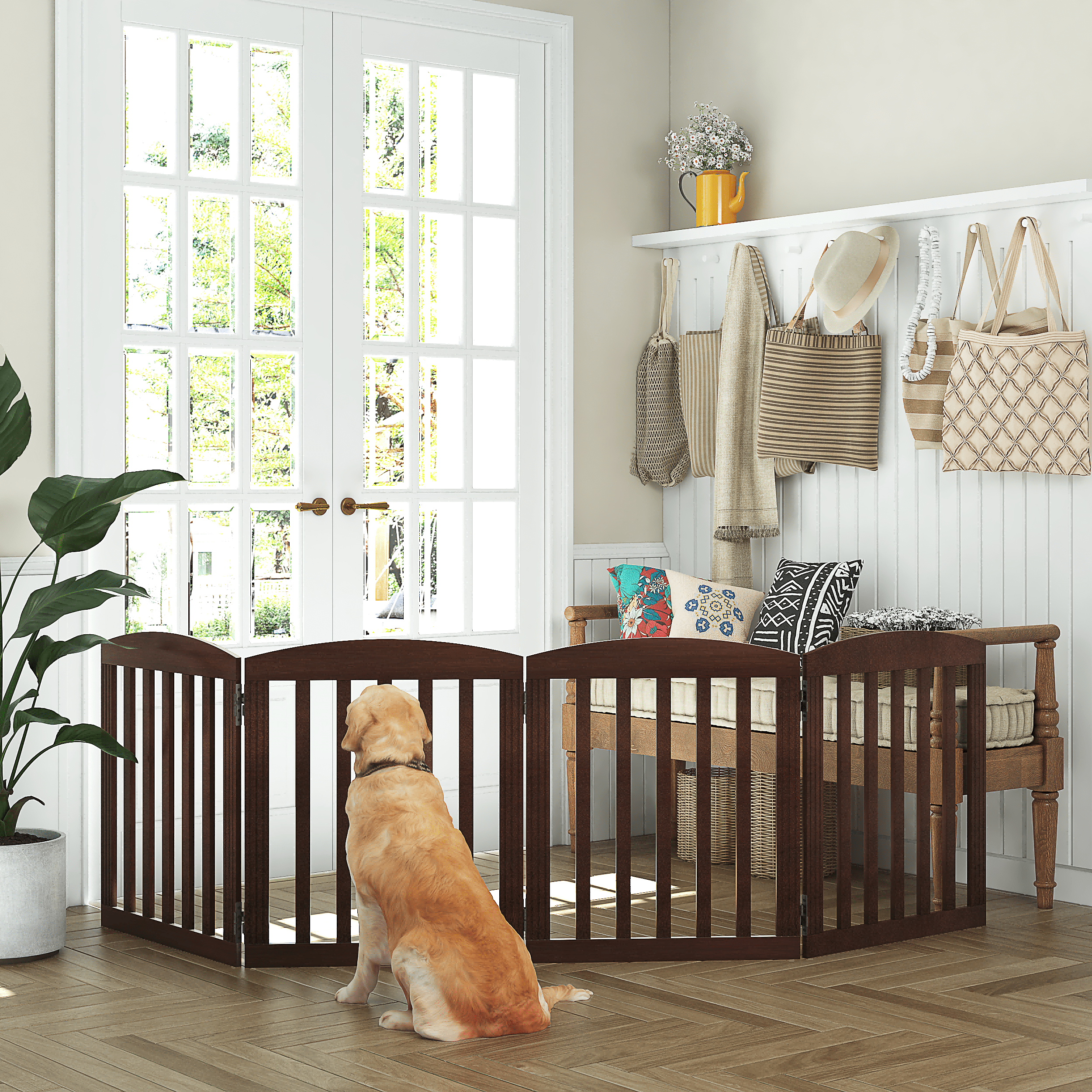 STAROUS 96" Extra Wide 28" Tall Foldable Dog Gates, Wooden Freestanding Pet Gate Indoor, Step Over Puppy Fence, 4 Panels, Brown