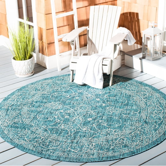 SAFAVIEH Courtyard Darin Botanical Indoor/Outdoor Area Rug, Turquoise, 9' x 9' Round