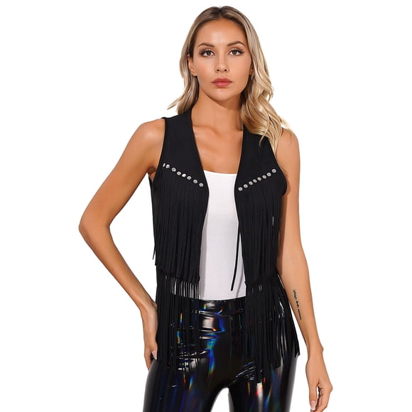 Lejafay Womens Cowboy Cowgirl Western Suede Leather Tassel Sleeveless Vest Jacket Gothic Waistcoat Coat Black XXL