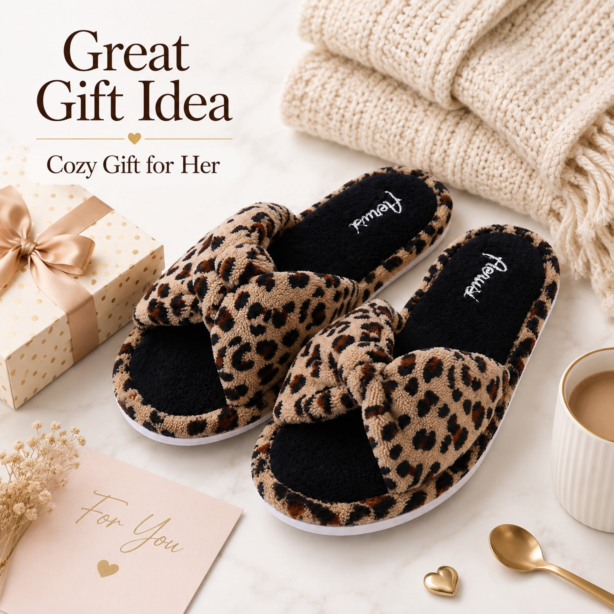 Leopard Style Memory Foam Woven Non-Slip Indoor Cozy Pom Knit Spa Women Slippers