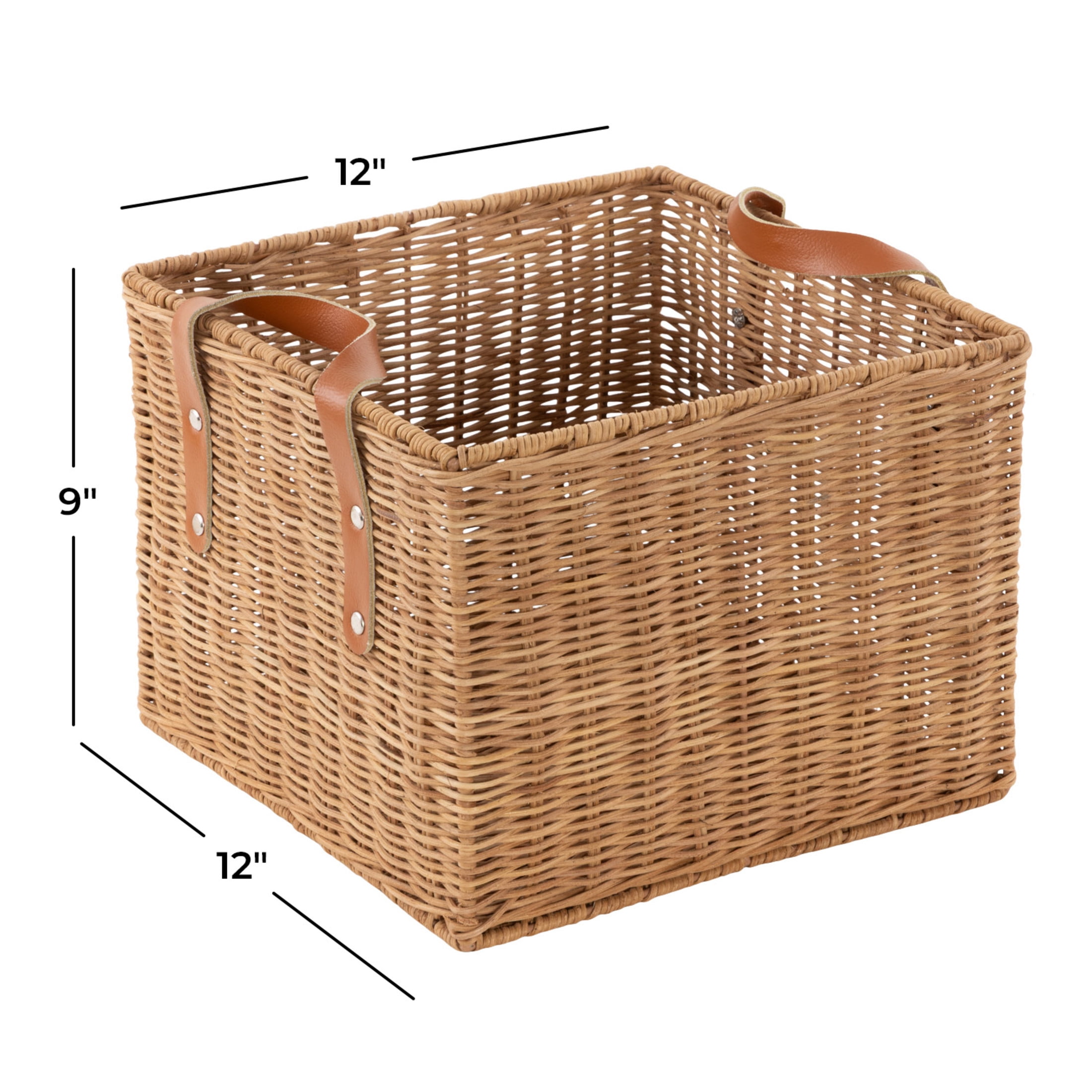 DecMode 12" x 9" Brown Rattan Handmade Woven Storage Basket with Leather Handles, 1-Piece
