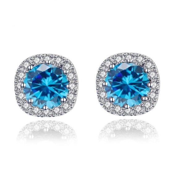 18k White Gold 4 Ct Round Created Blue Topaz Halo Stud Earrings Gift for Women Plated by Paris Jewelry