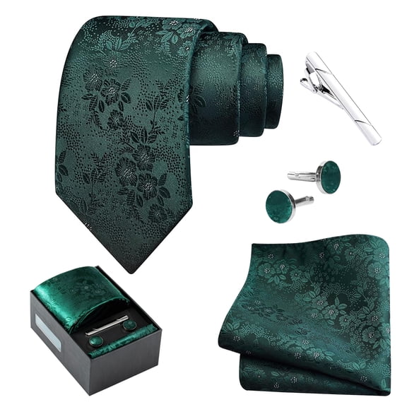 Jiaroutk 3.15"(8cm) Mens Floral Tie W/Hankerchief , Cufflinks, Lapel Pin for Wedding Business, green