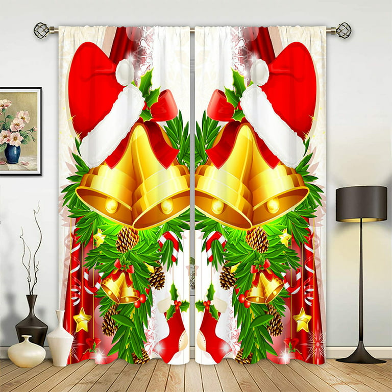 Goory Xmas Red Gold Treatments Window Curtain Bells Bow Bedroom Home Decor Christmas Curtains Fl Print Panel Kitchen Ds Style E W 33 X H 83 Com