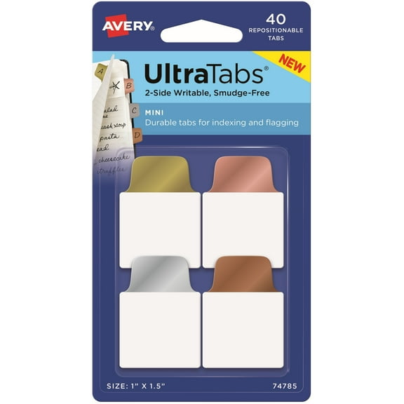 Avery Mini Ultra Tabs, 1" x 1.5", 40 Repositionable Mini Tabs, 2-Side Writable, Assorted Metallic Colors (74785)