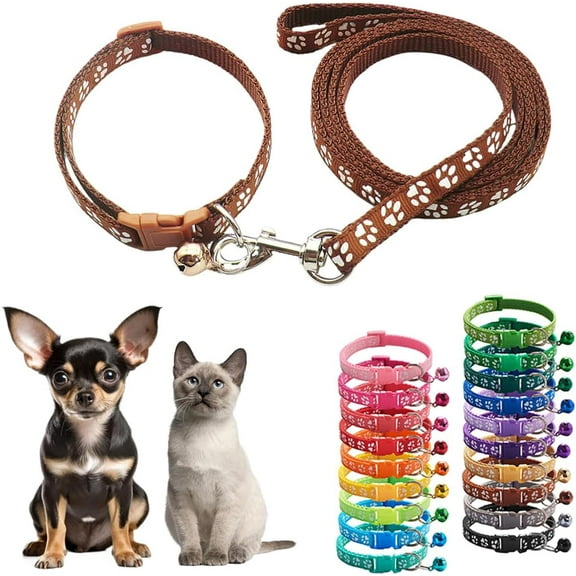 Small Cat Collar and Leash Set with Bell,Purple Nylon Paw Cat Collar Girl Female Cute Fancy Puppy Collar with Bells for XXS XS Tiny Little Kitten Boys Pet Dogs,Neck 7-12 Inch