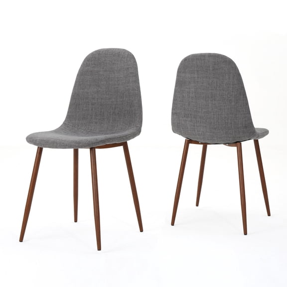 Set of 2 Mid-Century Modern Fabric Upholstered Dining Chairs, Light Gray and Walnut Finish, Iron Legs, Easy Assembly