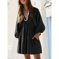 thumbnail image 2 of Women's Textured V Neck Mini Dress with Ruched and Buttoned Details Polyester % for Elegant Everyday Wear All Year, 2 of 15