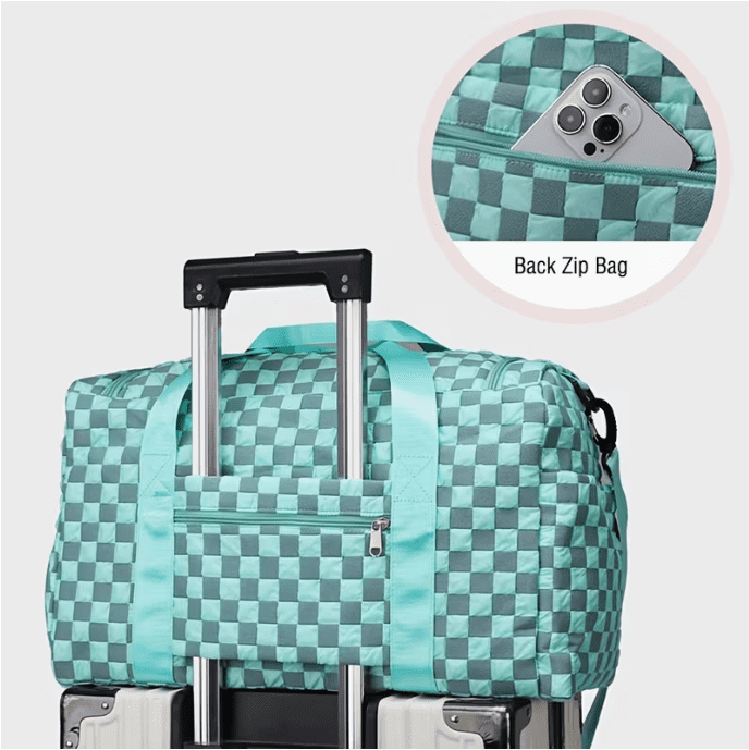 2pcs Checkered Travel Duffel Bag with Makeup Bag for Women Foldable Gym Bag Carry On Weekender Bag with Shoe Compartment,Detachable Straps For Travel, Business And Fitness