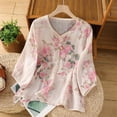 thumbnail image 2 of VNKIDY Womens V Neck Three Quarter Sleeve Floral Print Blouse With Embroidery Knot Button Closure Loose Fit Breathable For Casual Wear Classic Top, 2 of 9
