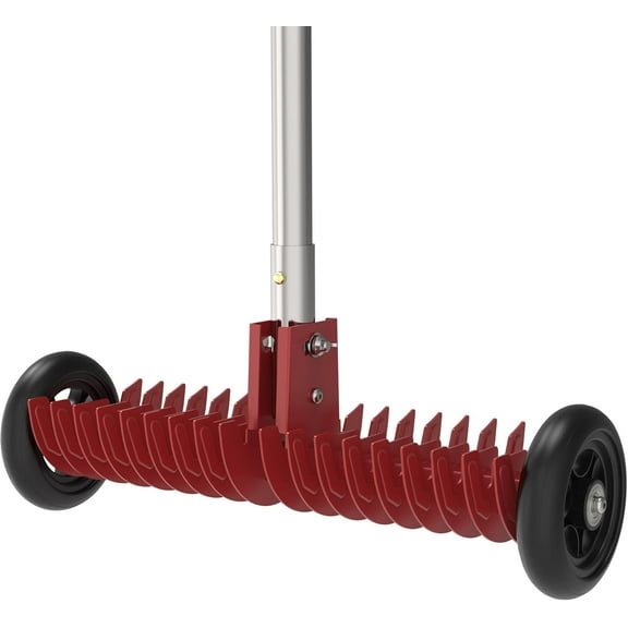 JouZYA 15-Inch Steel Lawn Thatch Rake, Adjustable 0-15° Angle & 38-68" Length, Heavy-Duty Dethatching Tool with Wheels for Dead Grass Removal, Ergonomic Handle Design, Red