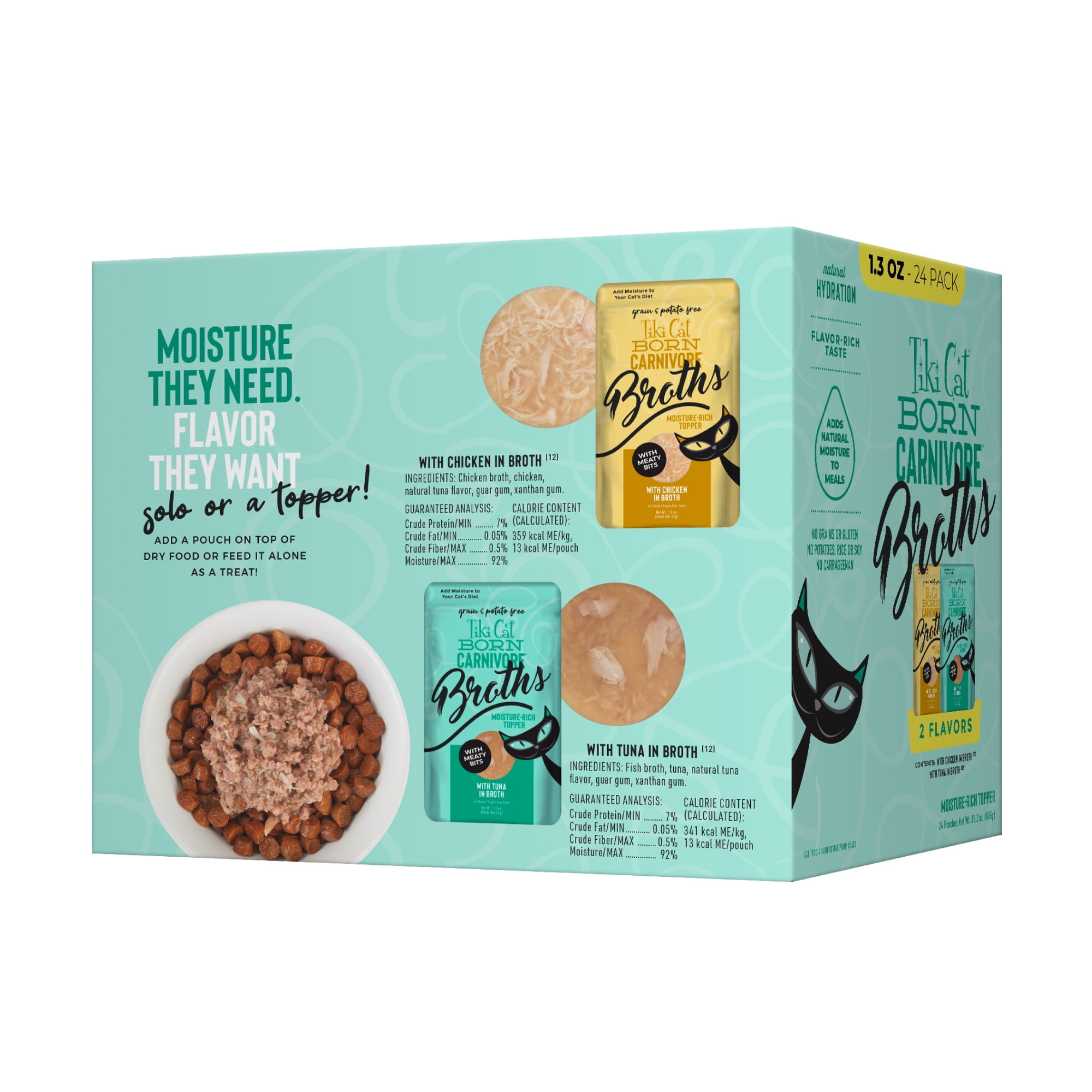 Tiki Cat Born Carnivore Broths Wet Cat Food Topper, Variety Pack, 1.3 oz. Pouches (24 Count)